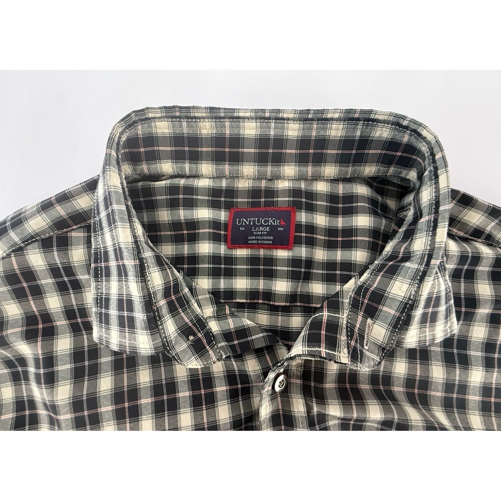 Untuckit Men's LS Black & Gray Plaid Polyester Size Large Slim Fit